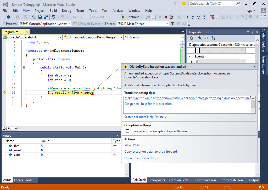 استثناءهای اداره نشده (unhandled exception) در سی شارپ